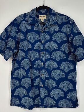 Cooke Street Honolulu Mens Large Hawaiian Button Front Shirt Blue Palm Frond SS
